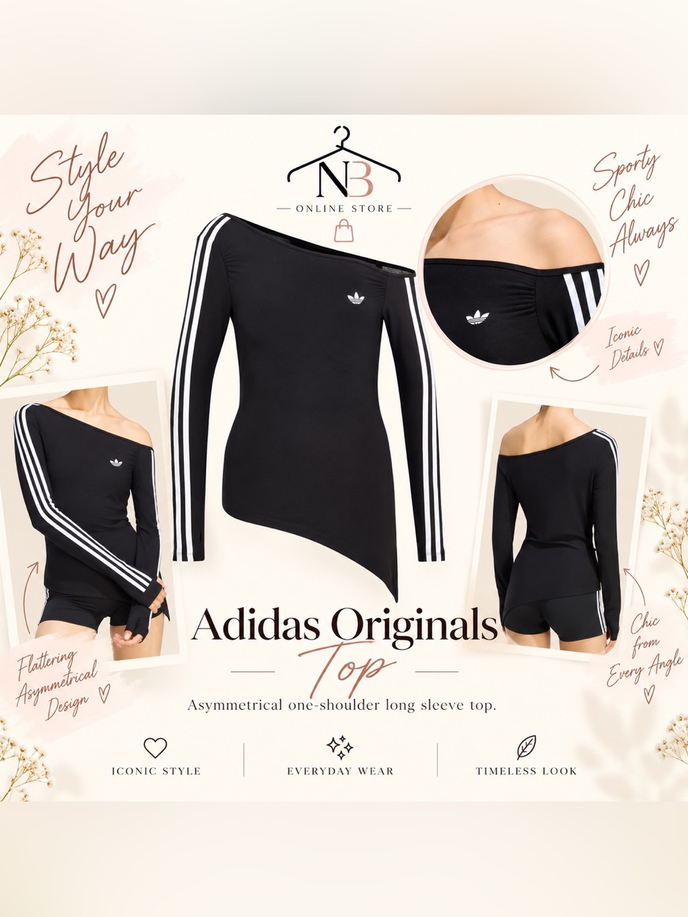 adidas Black One-Shoulder Long Sleeve Top with White Stripes
